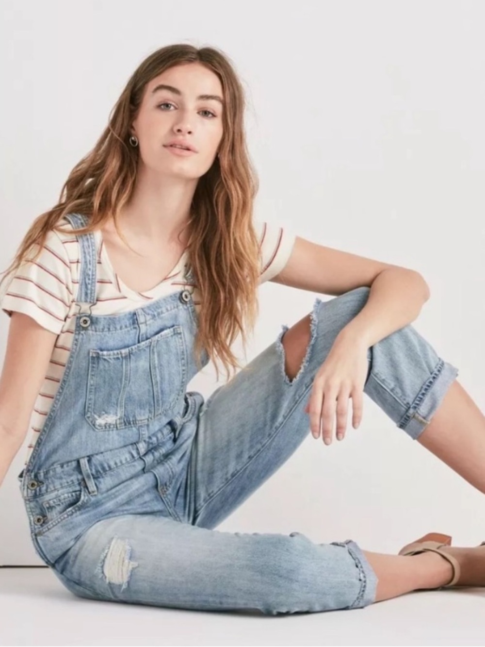 Lucky Brand Boyfriend Light Blue Distressed Denim Overalls